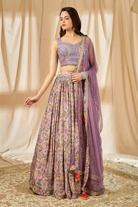 Alaya Advani Purple Blouse Dola Silk Printed Flower V Neck Lehenga Set 