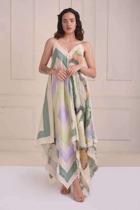 Shwetanga Ivory Cotton Embroidery, Patchwork V-neck Organic Printed Handkerchief Dress 