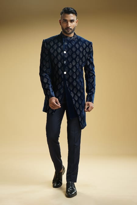 Kommal Sood Blue Velvet, Kota Doria Embroidery Peacock Motif Achkan And Trouser Set