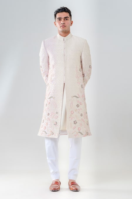 Amrit Dawani Raw Silk Cut Dana Embroidered Sherwani Set 