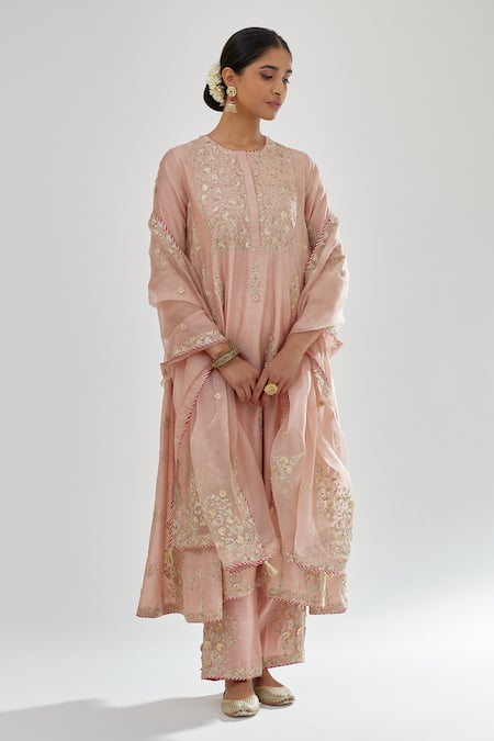 KORA Silk Chanderi A-Line Long Kurta Set 