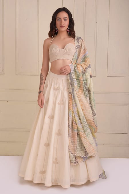 Shwetanga Ivory Cotton Embroidery Halter Neck Dori Work Organic Lehenga Set 