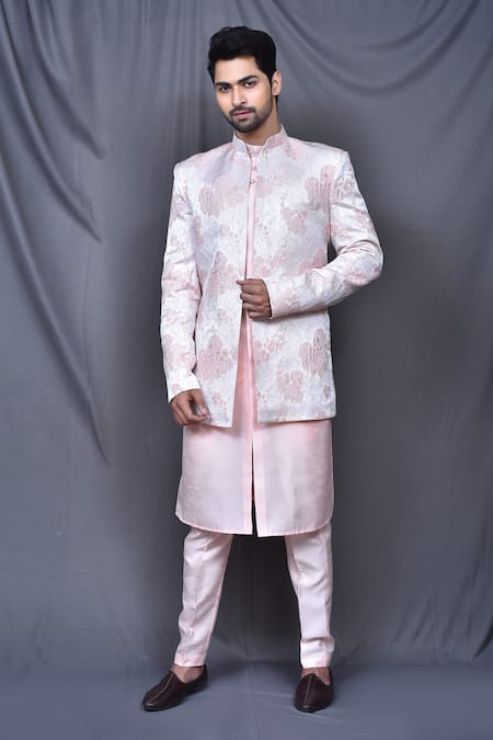 Adara Khan Pink Bundi Jacquard Floral Jacket And Pant Set