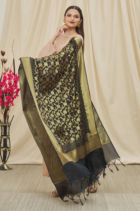 Shop Naintara Bajaj Black Brocade, Silk Embroidery, Fringe Vine Woven Dupatta Online at Aza Fashions Shop_Naintara Bajaj_Black Brocade, Silk Embroidery, Fringe Vine Woven Dupatta _Online_at_Aza_Fashions