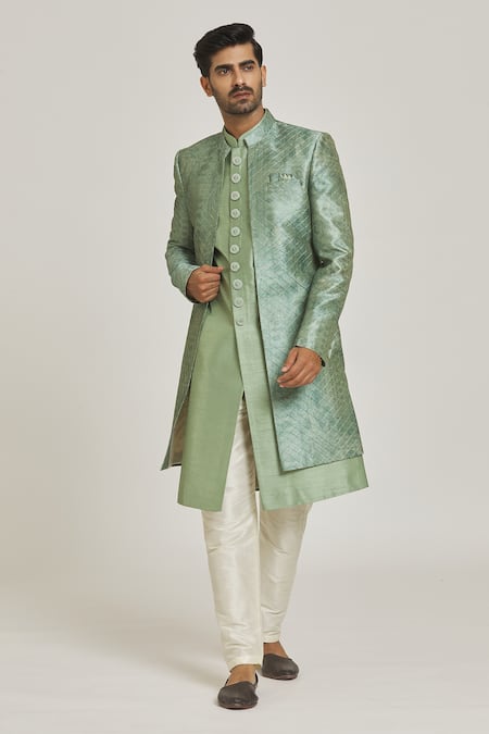 Samyukta Singhania Green Art Silk Printed Thread Work And Sherwani Set 