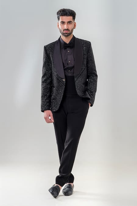 Amrit Dawani Black Polyester Japanese Embellished Cut Dana Work Tuxedo Set 