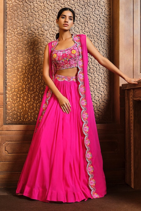 Aneesh Agarwaal Fuchsia Soft Organza Embroidery Thread Jacket Open Scallop Border Skirt Set 