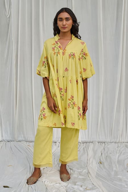 Ayaka Yellow Cotton Lace Collared Printed Gathered Dress 