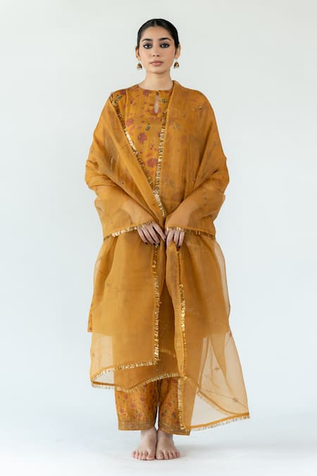 Nirjara_Yellow Cotton, Silk Embroidery Round Gulbaag Floral Pattern Kurta And Salwr Set _Online_at_Aza_Fashions