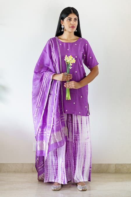 Cupid Cotton Purple Silk, Cotton Beads, Embroidery Round Neck Geometric Kurta Set 