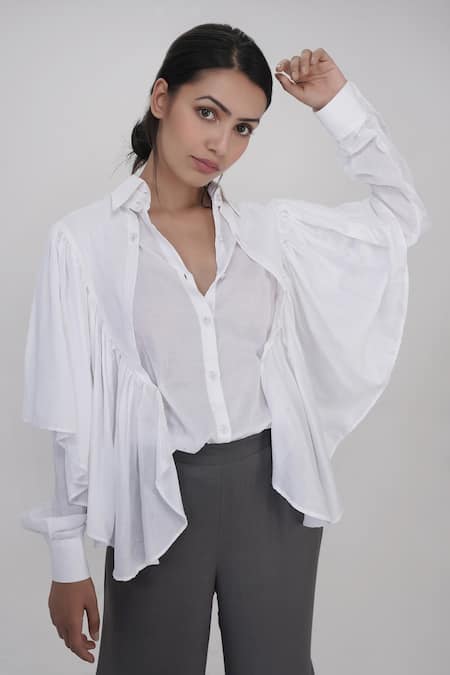Shruti S White Cotton Collared Ruffle Trim Shirt 