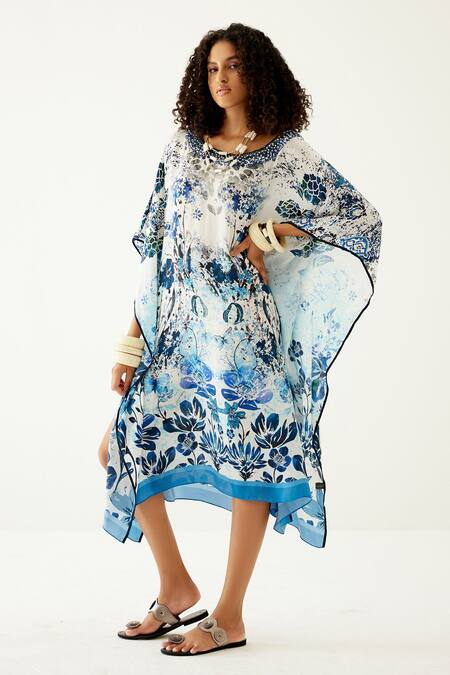 Payal Jain Blue Crepe Floral V Neck Botanical Pattern Kaftan