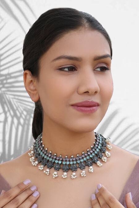 Arnimaa Floral Stones Embellished Necklace 