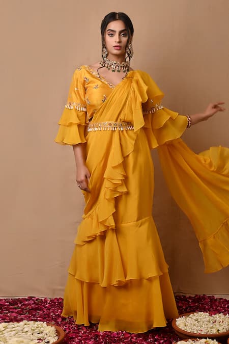 Label Nitisha Yellow Organza Embroidered Pearl V Neck Pre-draped Ruffle Saree And Blouse Set 