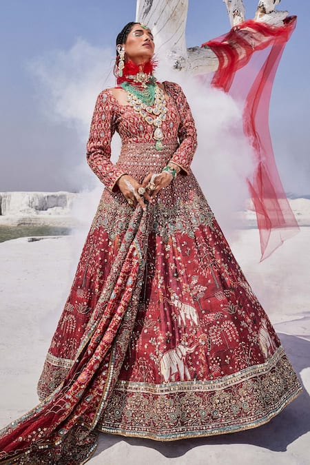 The Royaleum Red Silk, Organza Sequins, Beads, Stones V-neck Embroidered Anarkali Set 