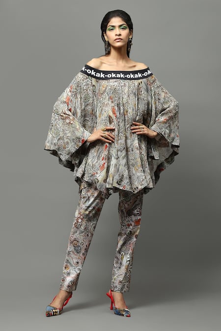 AK-OK Multi Color Chiffon, Lycra One Shoulder Abstract Print Off Top And Pant Set