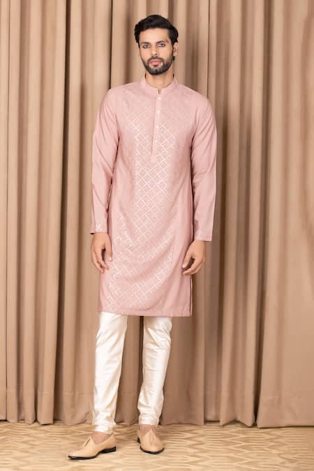 Ankit V Kapoor Pink Cotton, Silk Sequins Ranjha Embroidered Straight Kurta Set