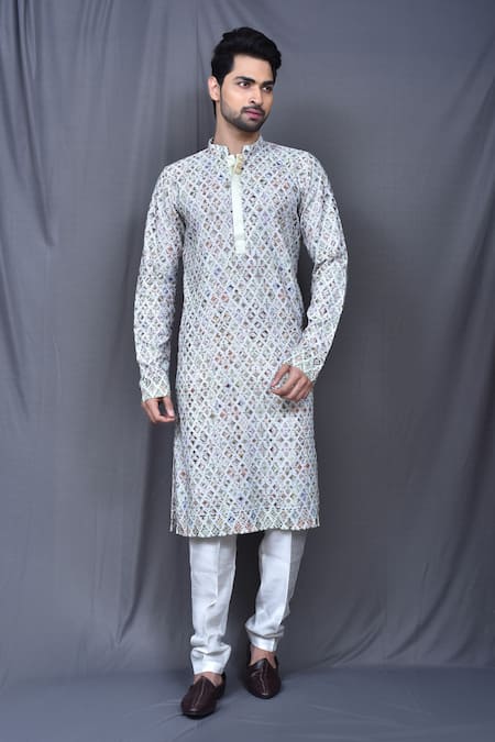 Adara Khan Multi Color Kurta Cotton Embroidered Geometric Thread Work Set