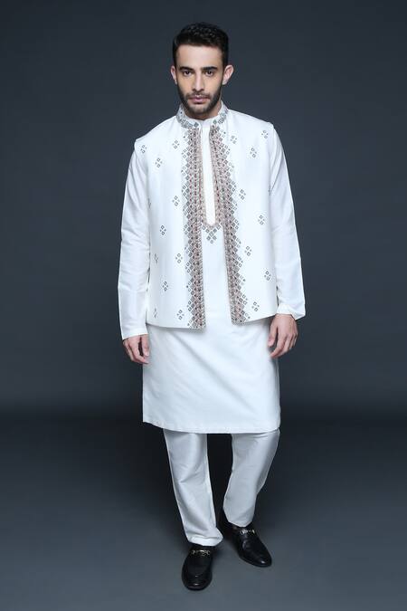 Sanjev Marwaaha_Ivory Cotton, Silk Sequins, Beads, Embroidery Geometric Bundi Kurta Set_Online_at_Aza_Fashions