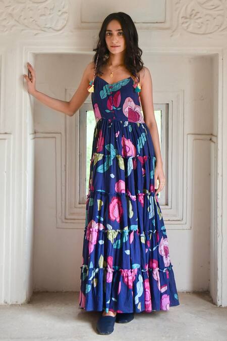 Buy_Taro_Blue Muslin V-neck Mulmul Floral Print Maxi Dress _Online_at_Aza_Fashions