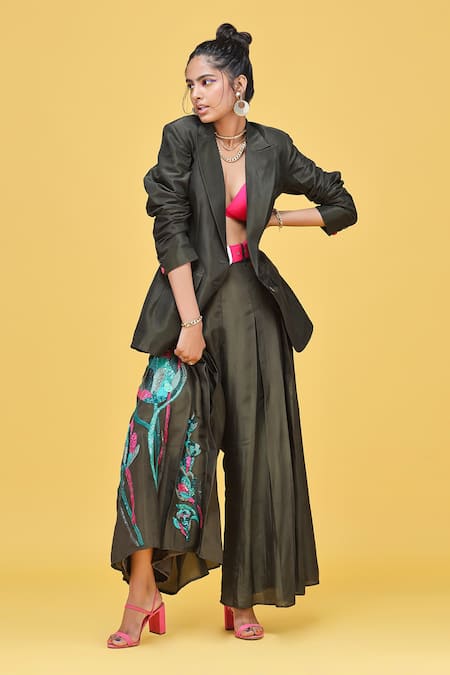 Raasa Silk Blazer Embroidered Pant Set 