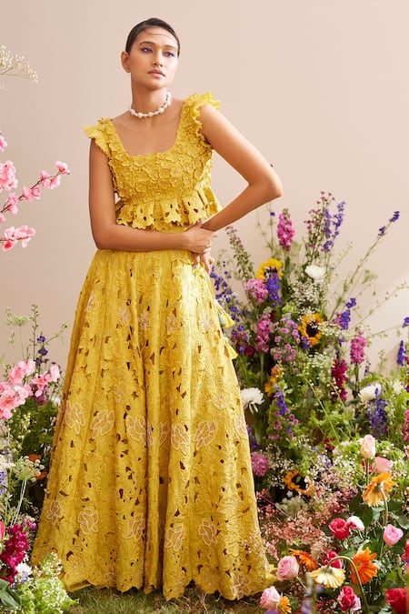 Chandrima Yellow Chanderi Embroidery Scoop Neck Floral Applique Sleeveless Bustier