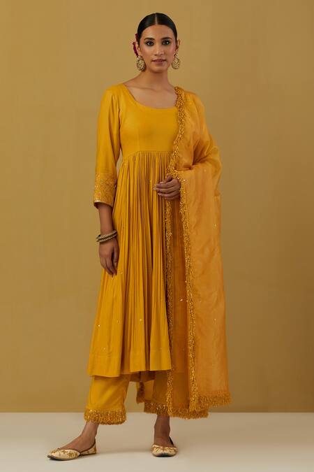 Buy Ikshita Choudhary Yellow Cheese Cotton Embroidered Round Full Sleeve Anarkali And Pant Set Online at Aza Fashions Buy_Ikshita Choudhary_Yellow Cheese Cotton Embroidered Round Full Sleeve Anarkali And Pant Set_Online_at_Aza_Fashions