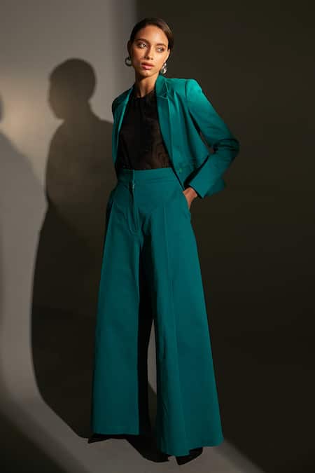 Betrue Green Cotton, Lycra Cropped Blazer And Palazzo Set 