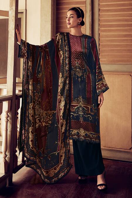 Label Varsha Multi Color Kurta Velvet Printed Baroque Round Neck Pant Set