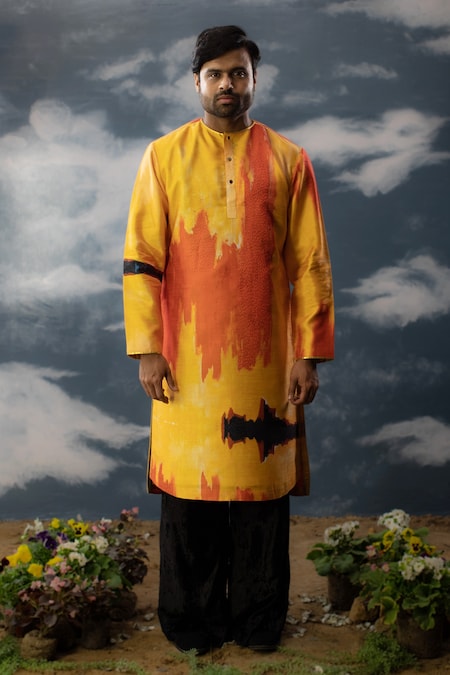 Saksham Neharicka Yellow Silk Dupion Printed And Hand Embroidered Abstract & & Kurta 