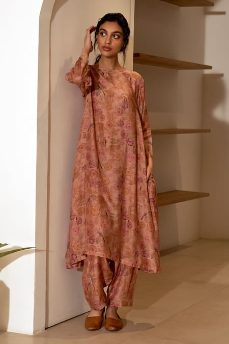 Dot Floral Printed Cotton Silk Kurta Set 