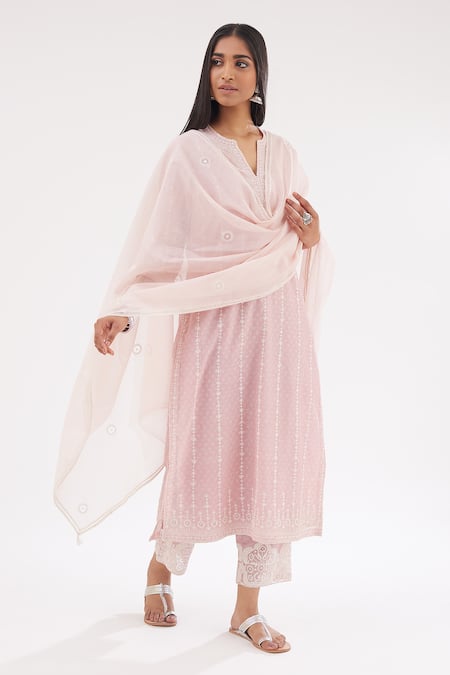 Kora Pink Cotton, Chanderi Sequins, Hand Block Print Straight Kurta Pant Set 