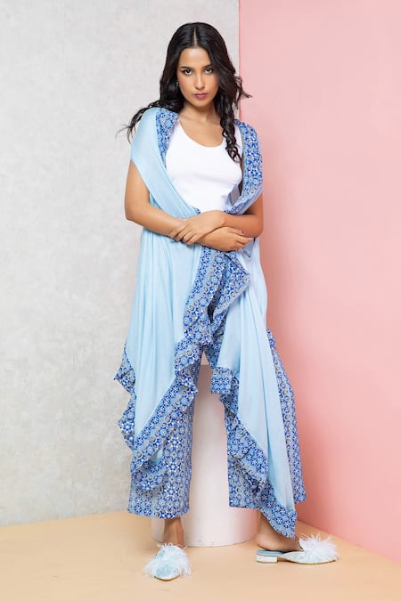 Rhe-Ana Blue Cape  Modal Printed Floral Overlap And Pant Set  