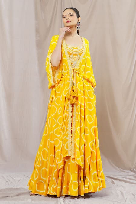 Buy Yellow Pure Crepe Printed Floral Dress Square Ifat With Jacket For  Women by Palak & Mehak Online at Aza Fashions.