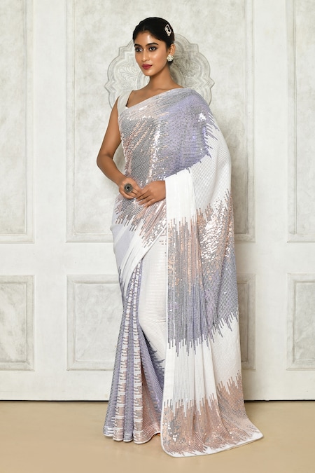 White Digital Printed & Embellished Habutai Silk Saree