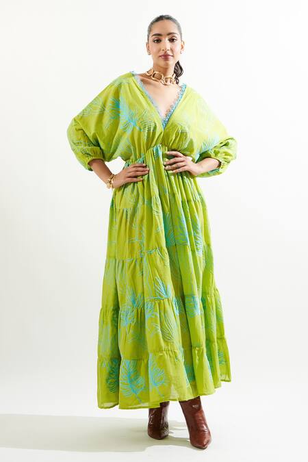 Cin Cin Green Cotton Lace V-neck Falak Tiered Hem Maxi Dress Online at Aza Fashions Cin Cin_Green Cotton Lace V-neck Falak Tiered Hem Maxi Dress _Online_at_Aza_Fashions
