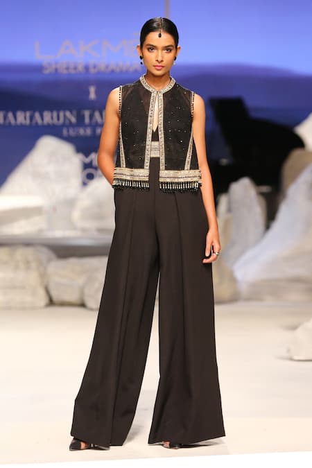 Tarun Tahiliani Halter Neck Jumpsuit With Textured Gilet 