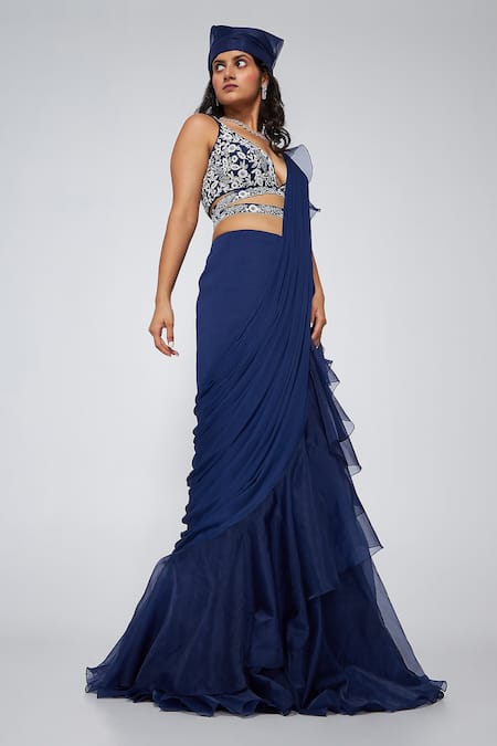 Asaga Blue Chiffon Embroidered Floral V Neck Ella Pre-draped Saree 