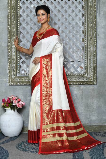 Banarasee Kota Doria Cotton Mix Saree With Zari & Satin Border-White &