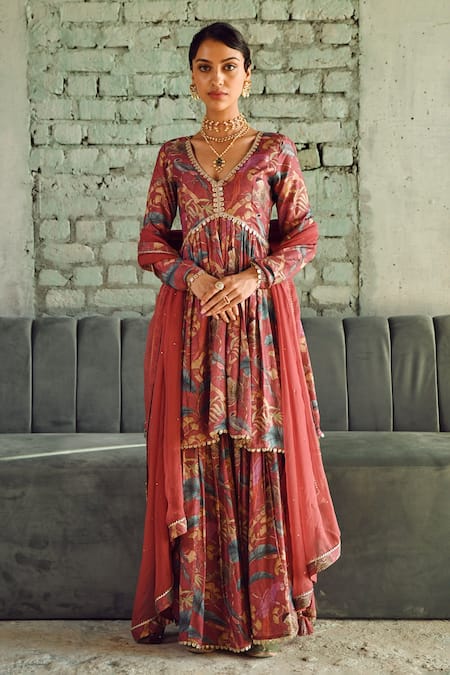 KARAJ JAIPUR Botanical Print Flared Sharara Set 