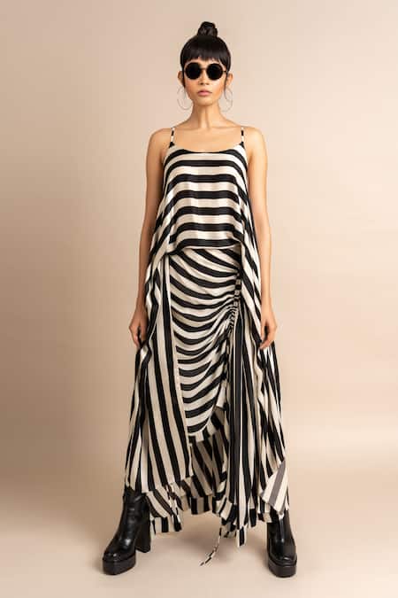 Nupur Kanoi Black Satin Digital Print Stripes Scoop Neck Singlet Top And Skirt Set  
