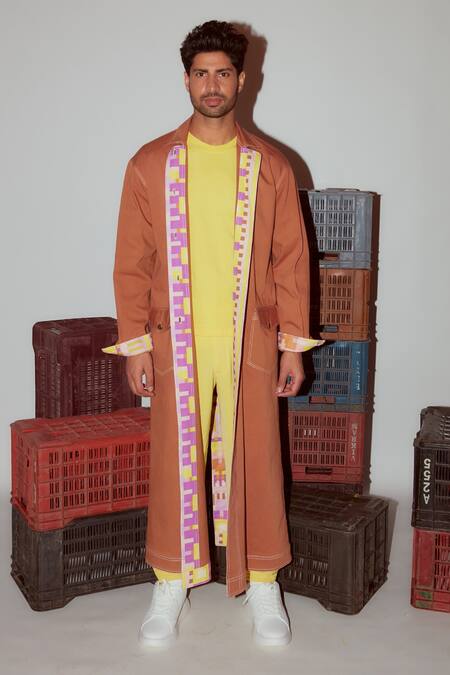 Buy_Nirmooha_Brown Denim Geometric Print Detail Trench Jacket _Online_at_Aza_Fashions