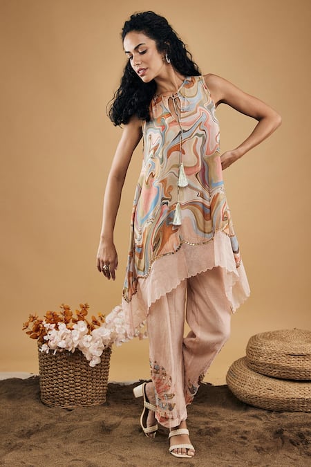 Soup by Sougat Paul Multi Color Cotton Silk Marble Notched Mosaic Pattern Top And Pant Set