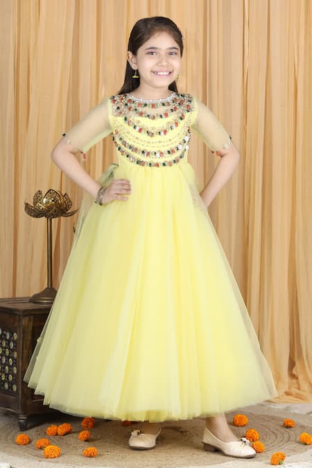 The little celebs Shell Embroidered Yellow Anarkali Dress 