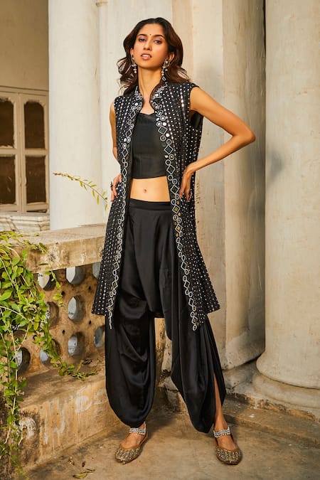 Available] Black Slit Cut Design Kurta with Black Dhoti Pants Set –  Navastrani Boutique