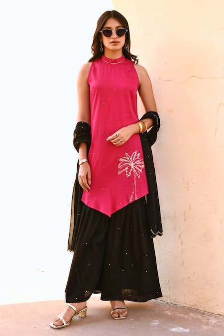 Gulaal Pink 100% Cotton Hand Embroidered Pithan High Neck Kurta Sharara Set 