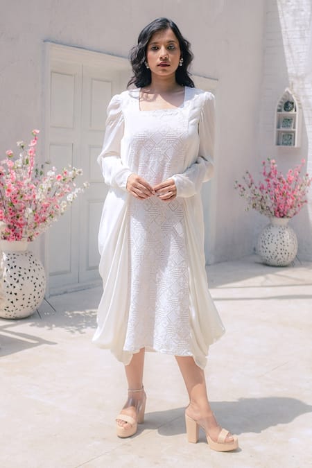 Monk & Mei Fatima Chikankari Embroidered Cowl Dress 