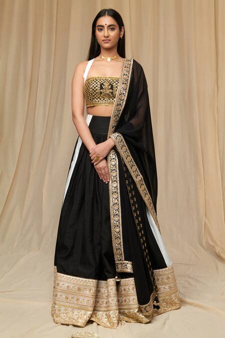Masaba Black Raw Silk Embroidered Aari Square Monochrome Corset Lehenga Set 
