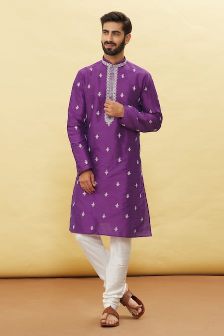 Arihant Rai Sinha Purple Silk Embroidered Floral Kurta And Churidar Set 