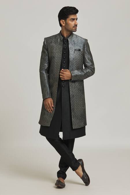 Adara Khan Grey , Dupion Thread Work And Printed Sherwani Set